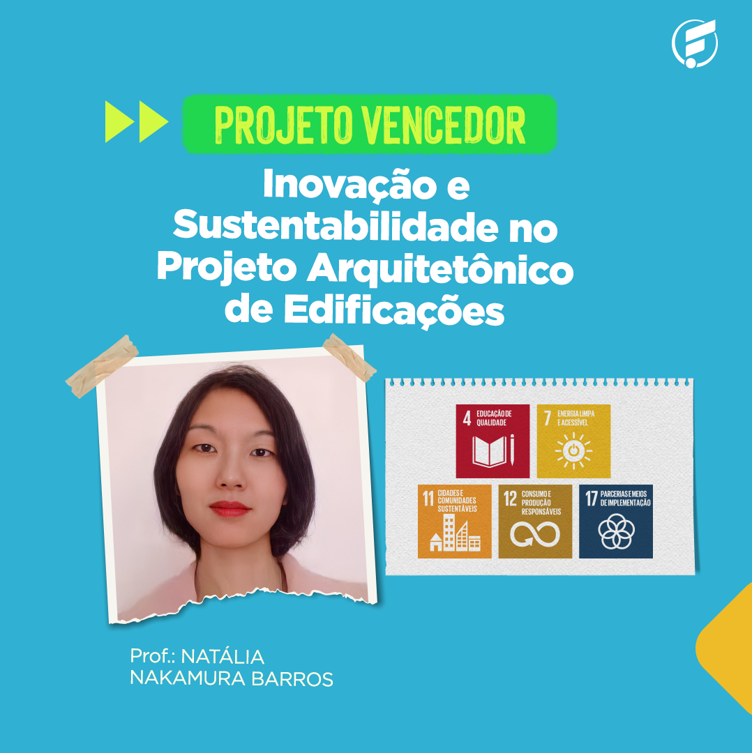 2020. comemoração da agenda 2020. Foto composição mostra a profa. Natália Nakamura barros em retrato cortado e preso com durex. No texto: projeto vencedor. Inovação e sustentabilidade no projeto arquitetônico de edificações. Ao lado da foto da profa. Selos dos pilares: 4, 7, 11, 12 e 17.