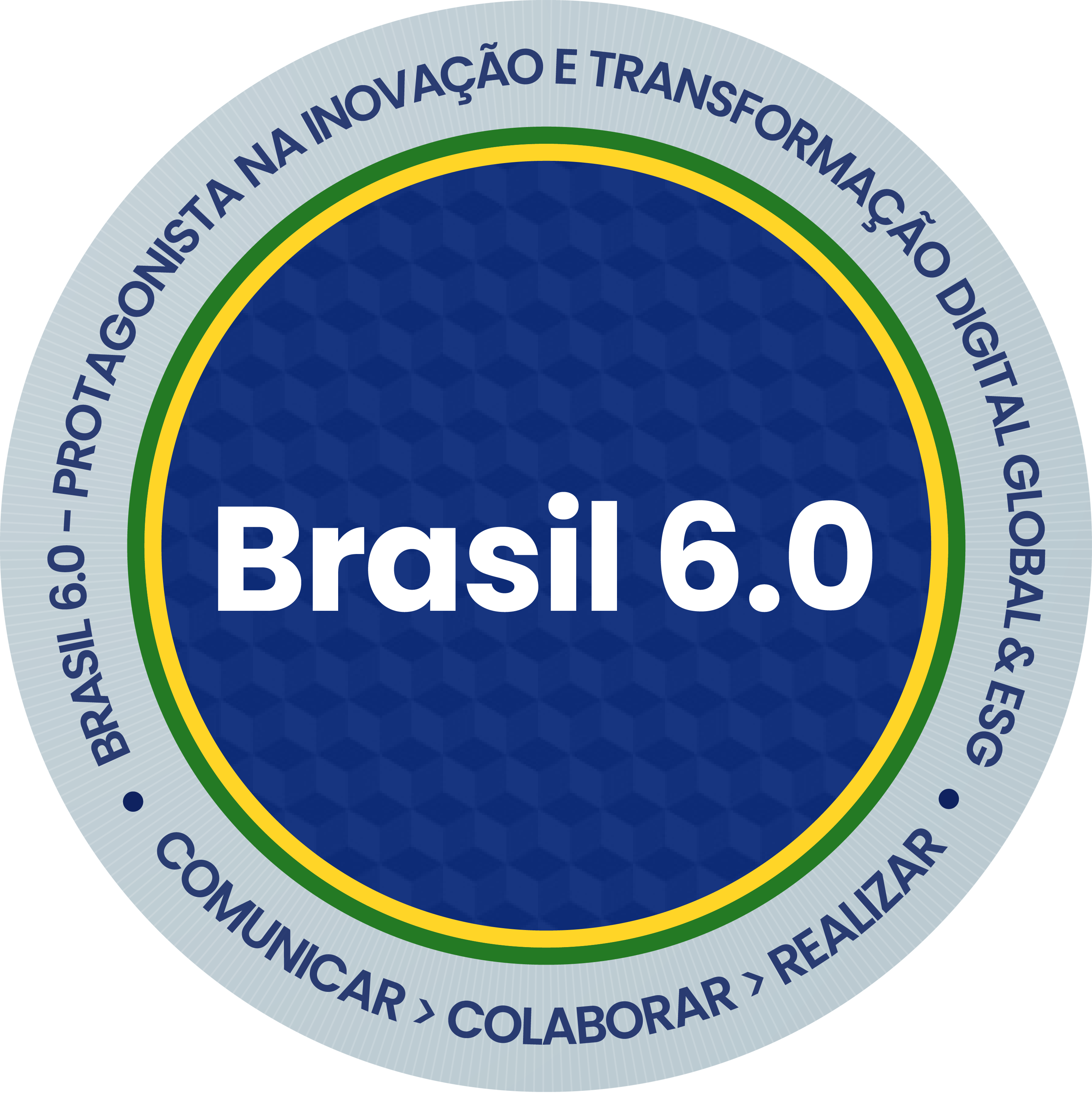 2021. estruturação do ecossistema brasil 6.0. Selo redondo em tons de azul e amarelo. Ao centro em letras brancas: brasil 6.0. Ao redor em letras azuis: brasil 6.0. Protagonista na inovação e transformação digital global&esg. Comunicar > colaborar > realizar.