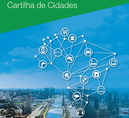 2018. reconhecimento da “cartilha de cidades” do bnds. Sobreposto a uma foto da cidade de Sorocaba, o mapa do brasil tem as cidades interligadas por pontos gráficos e ícones representativos de variadas tecnologias.