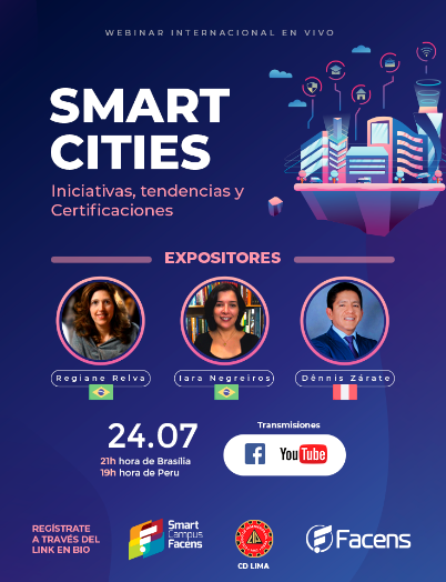 card 1- smart cities. Iniciativas, tendências y certificações. Foto dos três expositores, dois brasileiros e um peruano. 24.07.