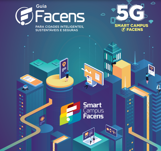 2020. lançamento do guia facens para cidades inteligentes, sustentáveis e seguras. Ilustração: vista de cima de uma cidade. Guia Facens para cidades inteligentes sustentáveis e seguras. 5g. smart campus facens.