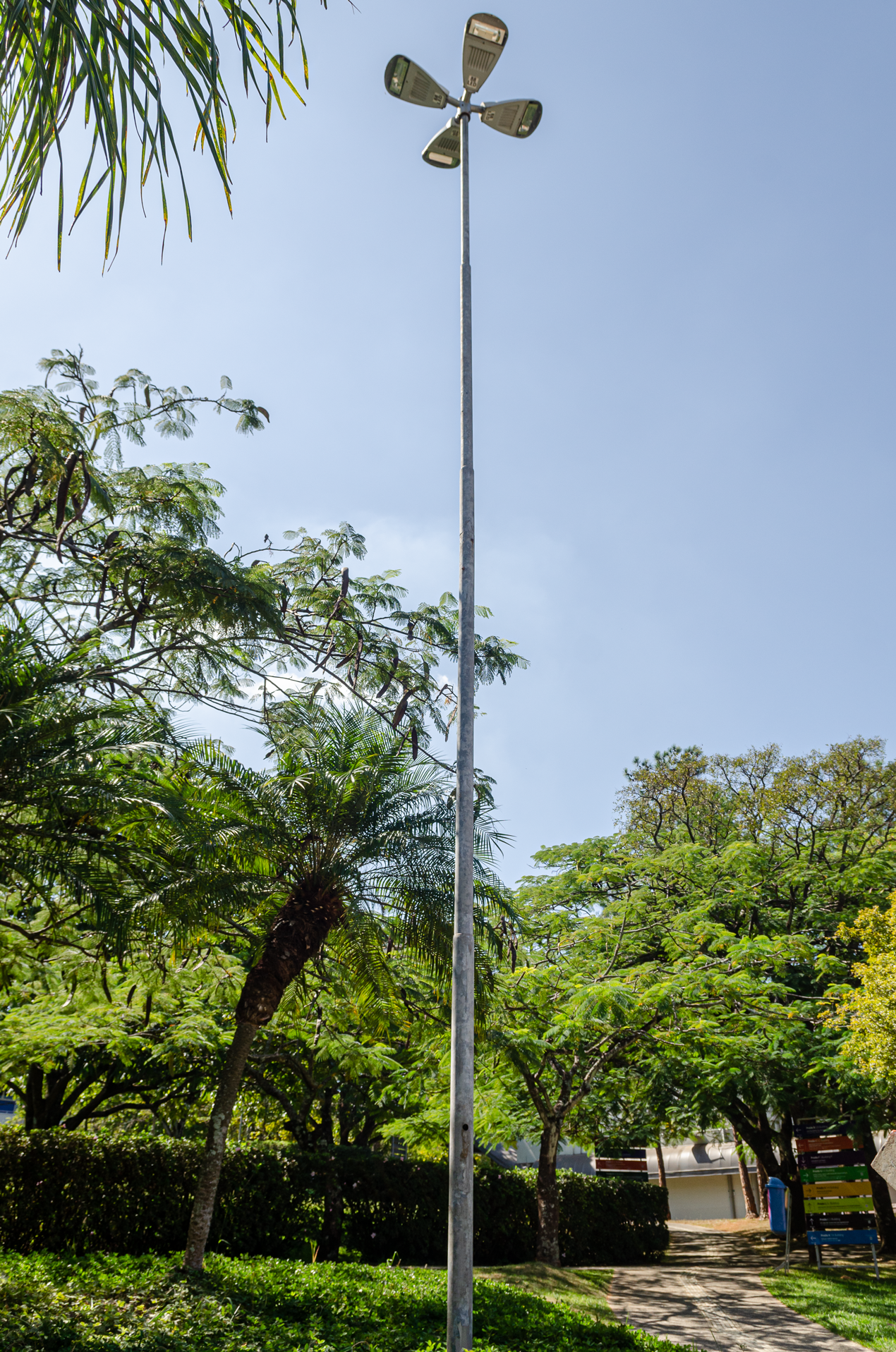 Foto: em dia claro com céu azul a torre de telemetria rodeada pelas árvores.