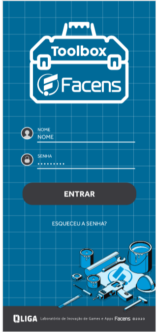 2020. lançamento do app toolbox para registro de serviços internos. Ilustração do App: dentro de uma maleta de ferramentas lê se: toolbox facens. Abaixo a validação do nome e senha para entrar.